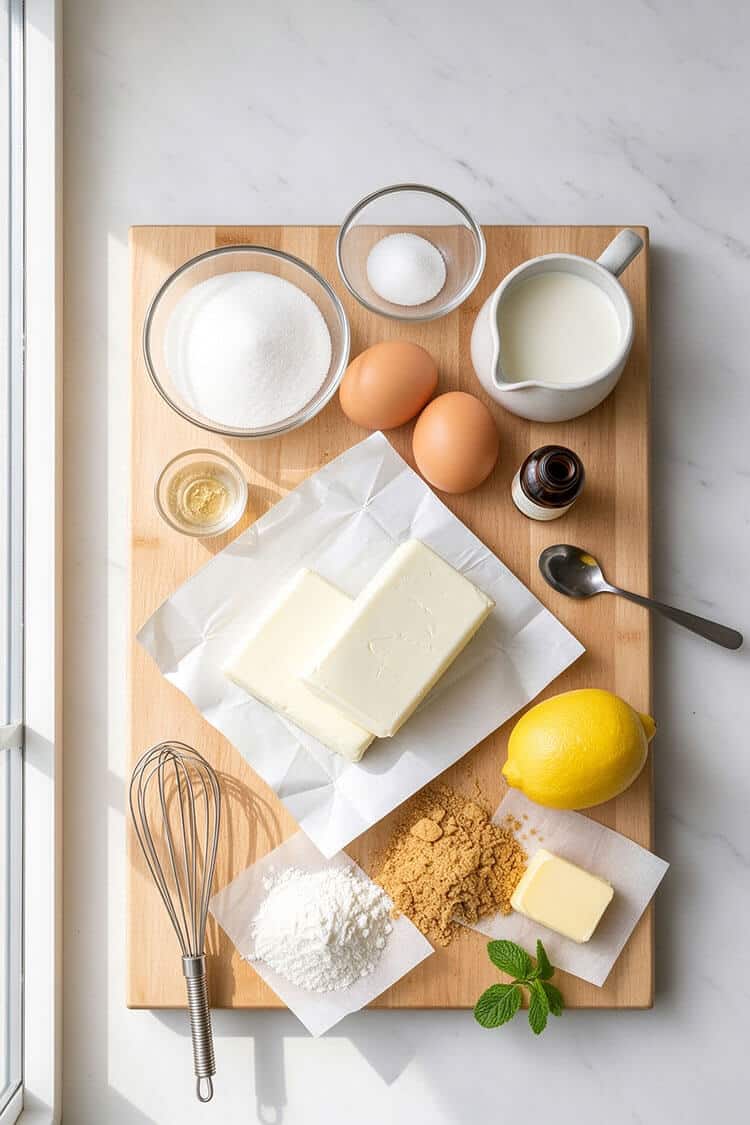 Overhead flatlay of block cream cheese on parchment paper, eggs, heavy cream in a pitcher, granulated sugar, powdered sugar, gelatin powder, lemon, butter, and crushed biscuit crust on a wooden board