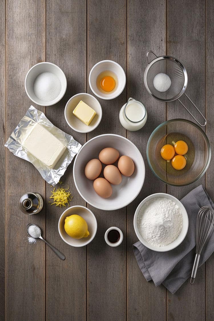 Overhead flatlay of block cream cheese, unsalted butter, eggs in bowls with separated yolks, whole milk, sifted cake flour, caster sugar, fresh lemon, vanilla, fine mesh sifter, and whisk