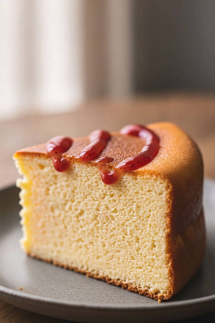 A tall, cotton-soft slice of Japanese soufflé cheesecake on a dark plate showing an ultra-fine crumb structure drizzled with glossy red strawberry coulis