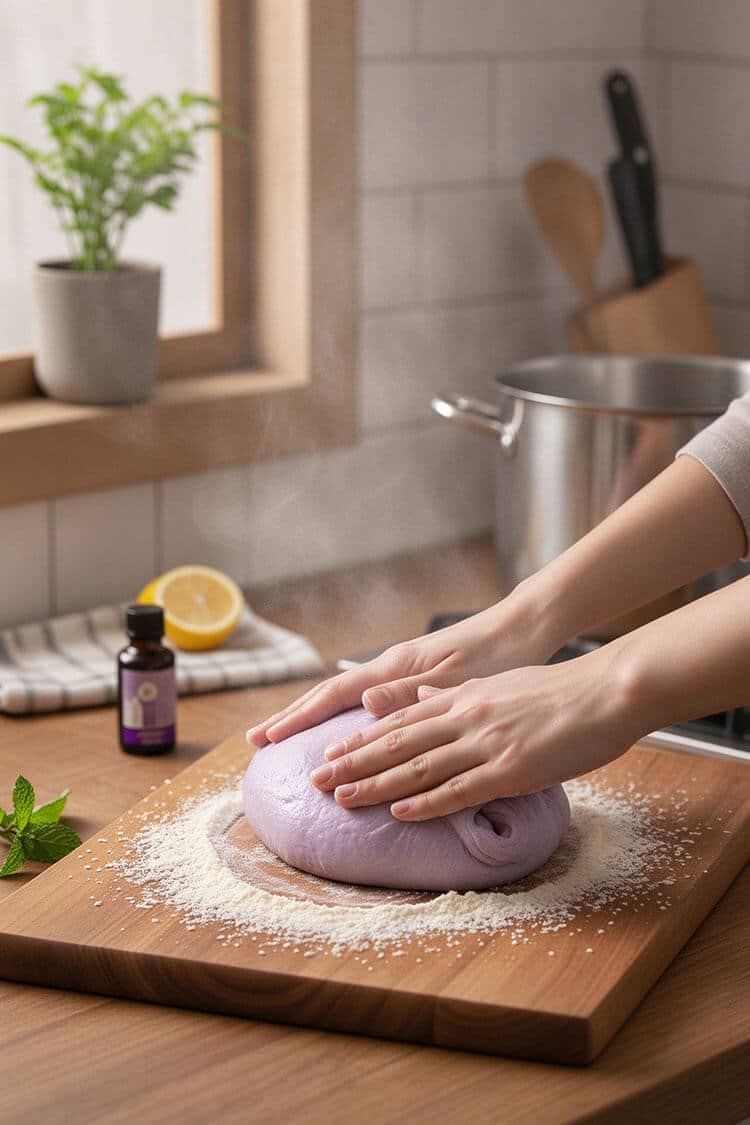 Hands kneading a warm, soft lavender purple dough ball dusted with toasted glutinous rice flour on a wooden cutting board with rising steam