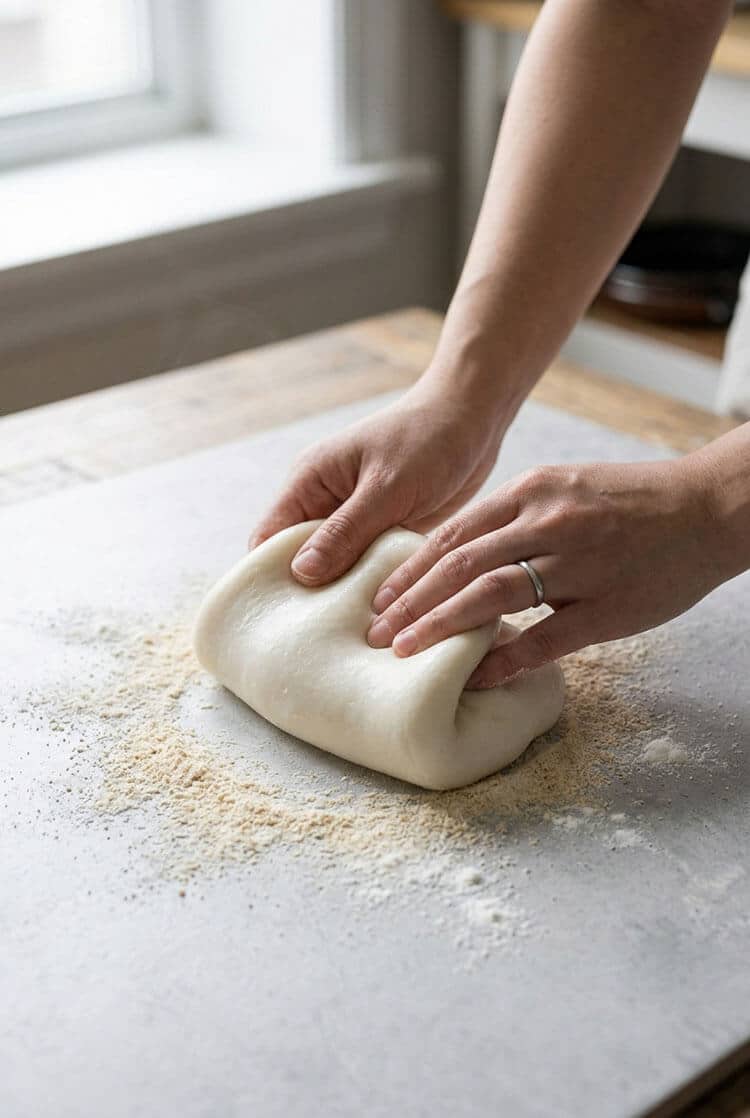 Hands kneading warm, smooth white glutinous rice dough dusted with toasted kao fen flour on a kitchen counter
