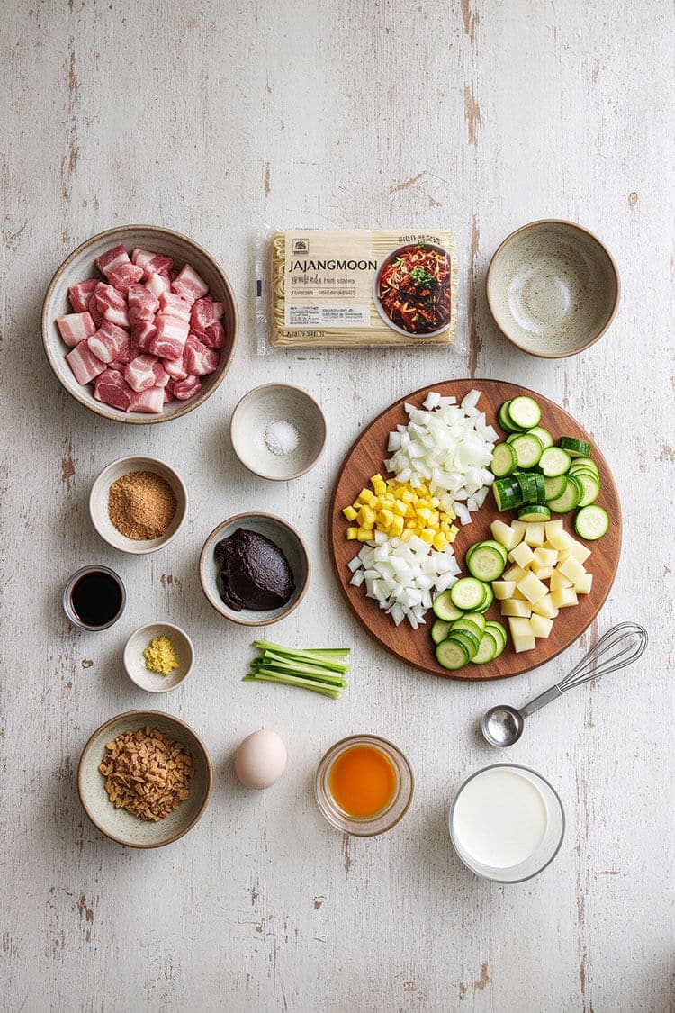 Flatlay overhead view of fresh jajangmyeon noodles, diced raw pork belly, black bean paste chunjang, diced onion, zucchini, potato, cucumber strips, and stock on a white wooden table