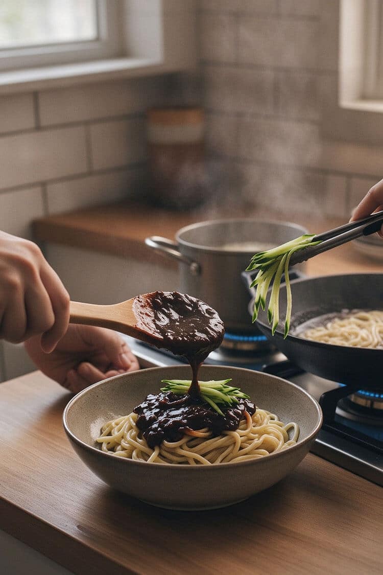 A wooden spoon ladling steaming thick black bean sauce over a bowl of fresh boiled noodles garnished with crisp julienned cucumber