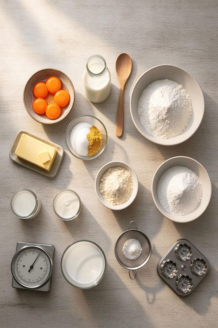 Flatlay arrangement of salted duck egg yolks, butter block, milk, heavy cream, custard powder, glutinous rice flour, kitchen scale, and floral mooncake mold on a neutral countertop