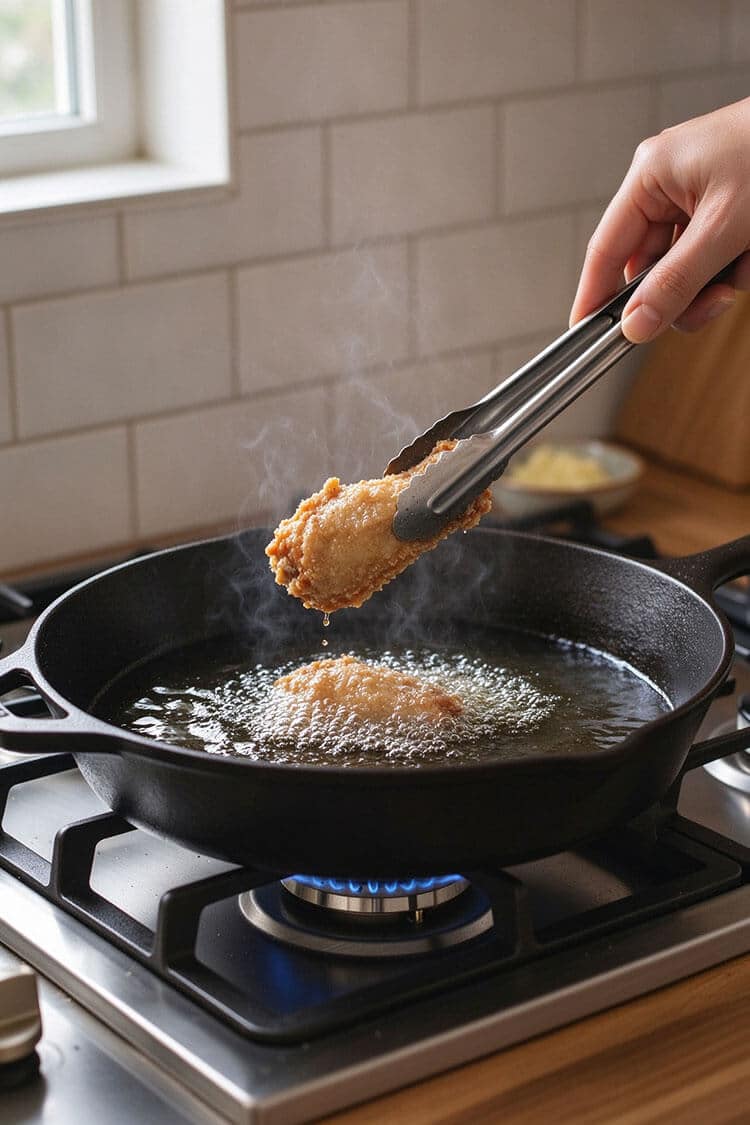 Metal tongs lifting a golden-brown, sizzling chicken wing tip out of hot bubbling frying oil in a cast iron pan