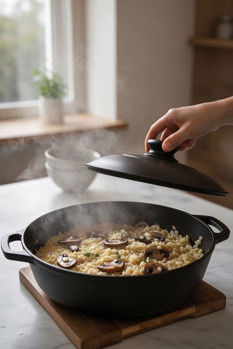 Hand lifting the lid off a black cast iron skillet to reveal steaming, freshly cooked golden mushroom rice studded with thyme on a wooden trivet