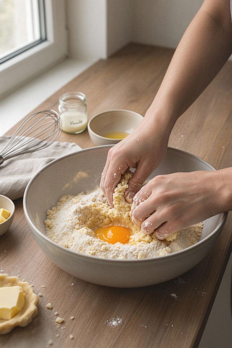 Hands rubbing cold cubed butter into flour in a ceramic bowl with an egg yolk nestled in the center well for shortcrust pastry
