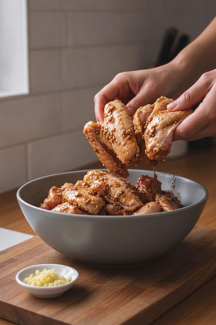 Hands tossing and coating raw chicken wing tips in a savory garlic, soy sauce, and sesame oil marinade in a grey mixing bowl