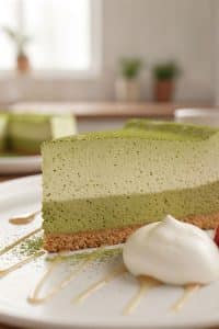 Macro extreme close-up of a layered matcha tofu cheesecake slice showing delicate airy mousse bubbles, a dusting of matcha powder, and a crunchy graham cracker base