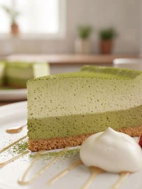 Macro extreme close-up of a layered matcha tofu cheesecake slice showing delicate airy mousse bubbles, a dusting of matcha powder, and a crunchy graham cracker base