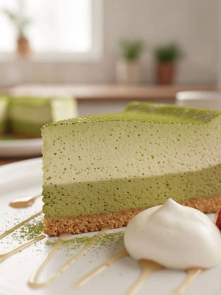 Macro extreme close-up of a layered matcha tofu cheesecake slice showing delicate airy mousse bubbles, a dusting of matcha powder, and a crunchy graham cracker base