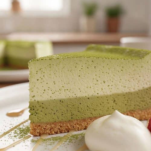 Macro extreme close-up of a layered matcha tofu cheesecake slice showing delicate airy mousse bubbles, a dusting of matcha powder, and a crunchy graham cracker base