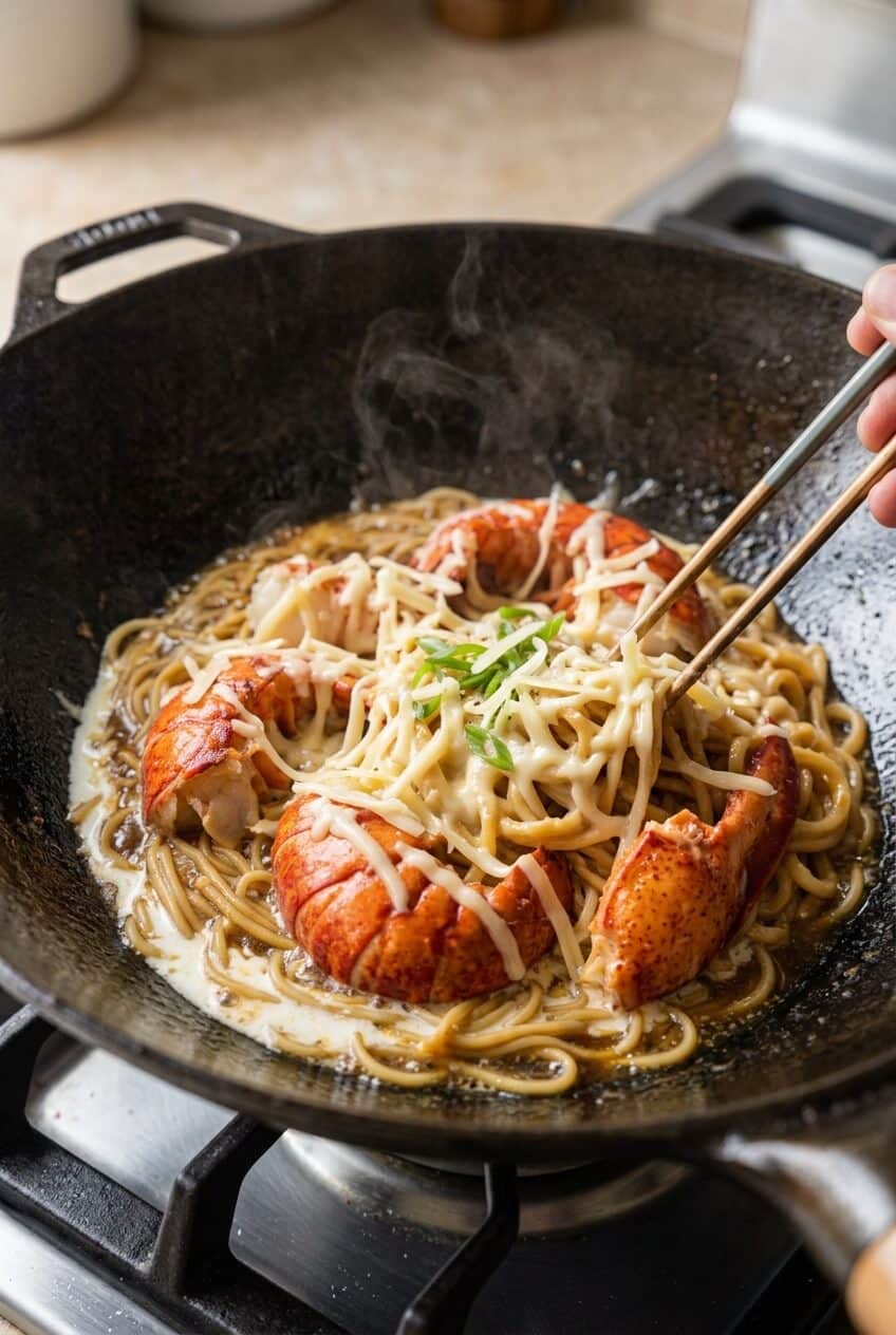 Chopsticks tossing freshly shredded cheese melting over steaming braised lobster e-fu noodles garnished with scallions in a wok