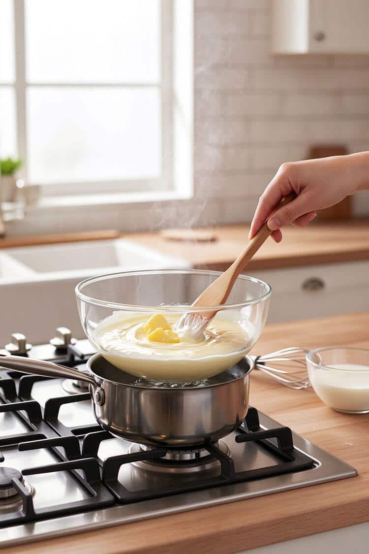 Wooden spoon slowly stirring melting cream cheese cubes and butter in a heatproof glass bowl set over a gentle simmering water bath on the stovetop