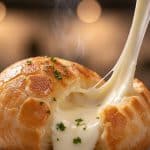 Macro close-up of a warm golden mochi ball torn open with steaming, thick molten mozzarella cheese stretching out onto a plate