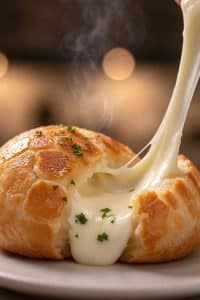 Macro close-up of a warm golden mochi ball torn open with steaming, thick molten mozzarella cheese stretching out onto a plate