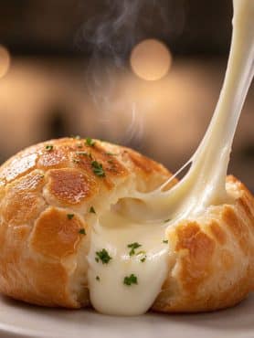 Macro close-up of a warm golden mochi ball torn open with steaming, thick molten mozzarella cheese stretching out onto a plate