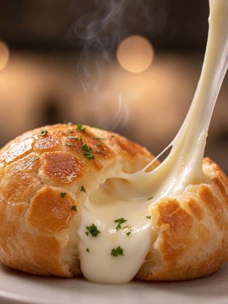 Macro close-up of a warm golden mochi ball torn open with steaming, thick molten mozzarella cheese stretching out onto a plate