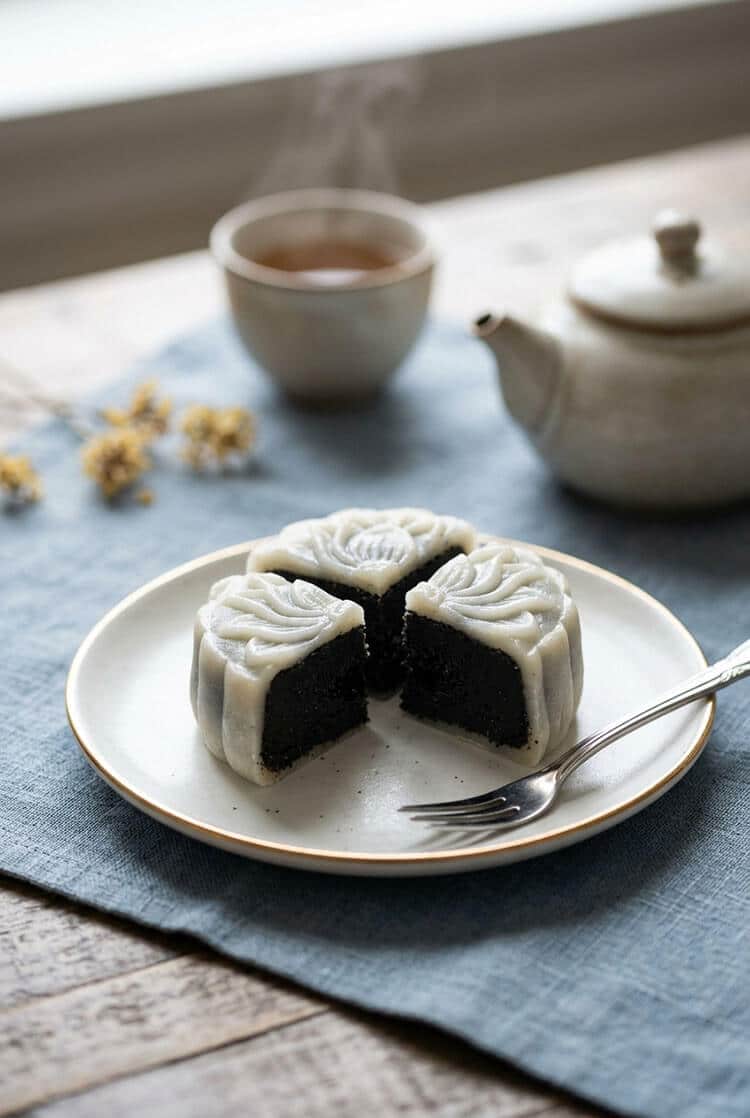 A floral-patterned white snow skin mooncake sliced into quarters showing dark black sesame filling on a ceramic plate with a silver fork, teapot, and hot tea cup on a rustic blue linen