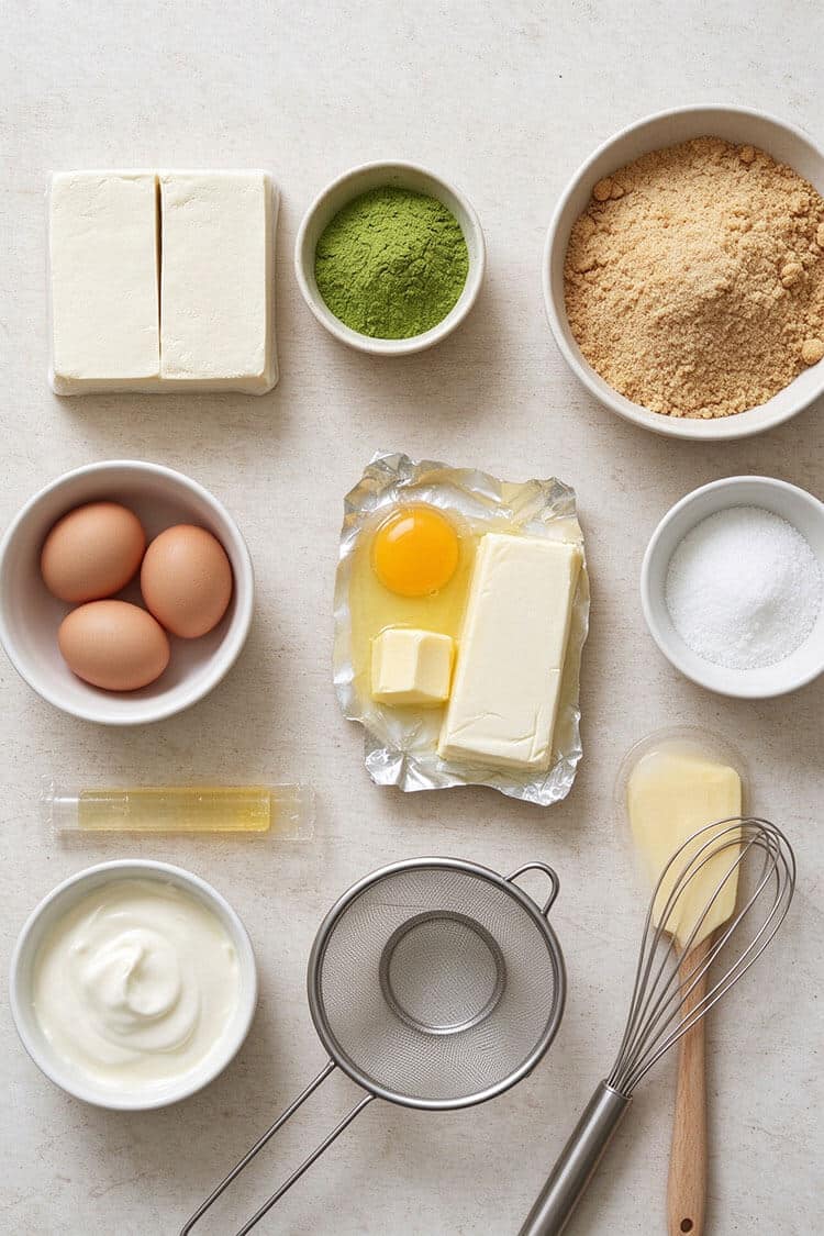 Overhead flatlay arrangement of silken tofu blocks, sifted green matcha powder, graham cracker crumbs, softened cream cheese, eggs, butter, sugar, whipping cream, fine mesh sifter, and whisk
