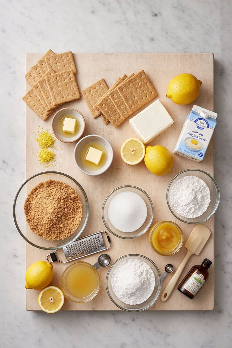 Flatlay arrangement of whole graham crackers, crushed crumbs, cream cheese block, whipping cream carton, fresh lemons, lemon zest, sugar bowls, and lemon curd on a marble board