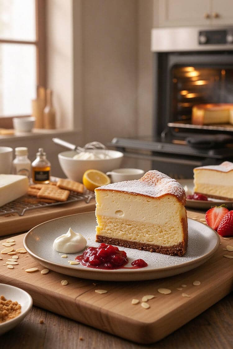 A slice of two-layer double fromage cheesecake dusted with powdered sugar served with strawberry compote and whipped cream on a plate by sunny kitchen window