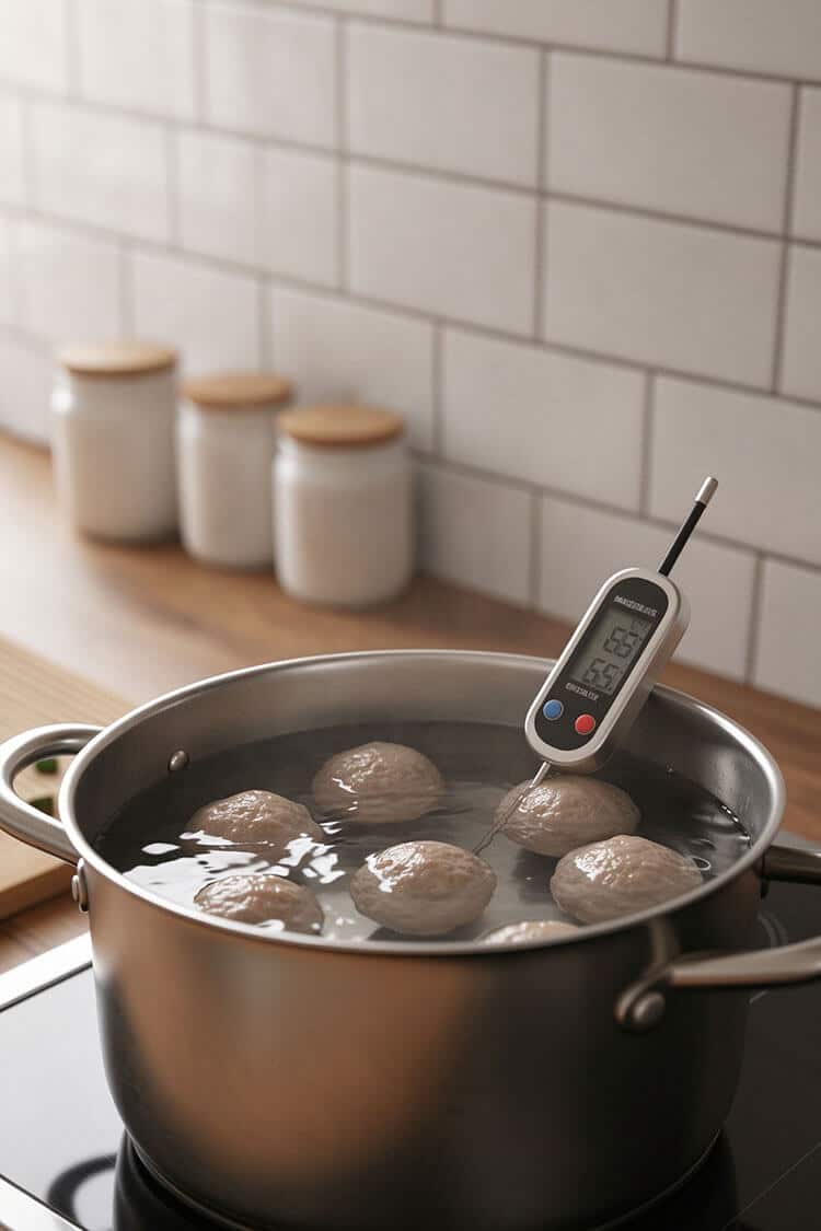 Stainless steel pot with floating beef balls and digital probe thermometer displaying 68°C in gently steaming water