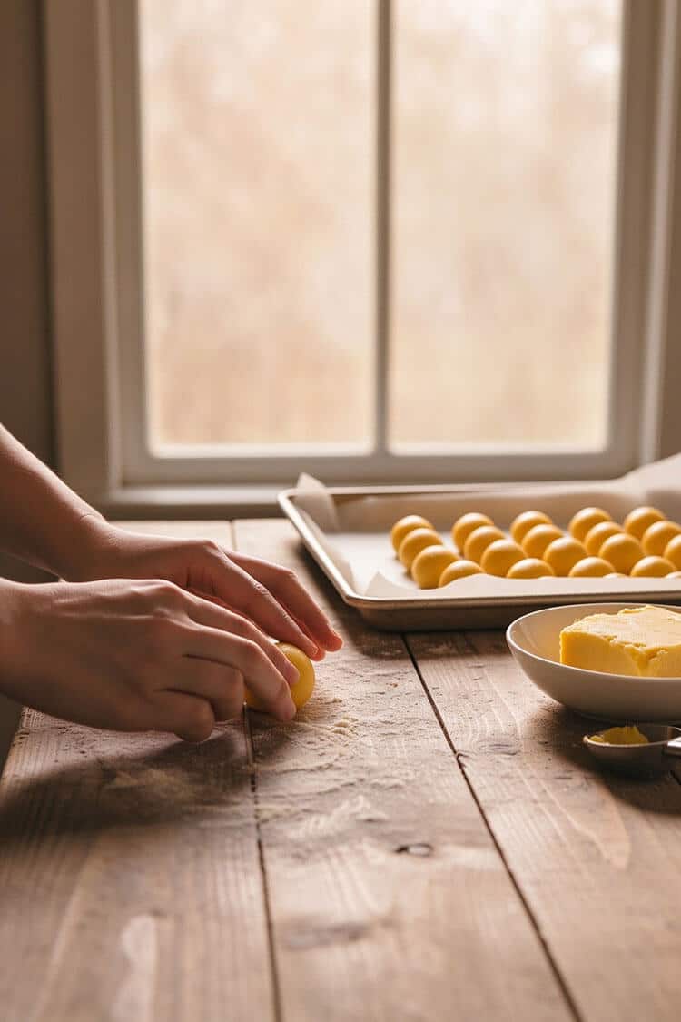 Hands rolling 20g yellow frozen custard balls on a floured wooden board next to a parchment-lined baking sheet filled with pre-shaped filling portions