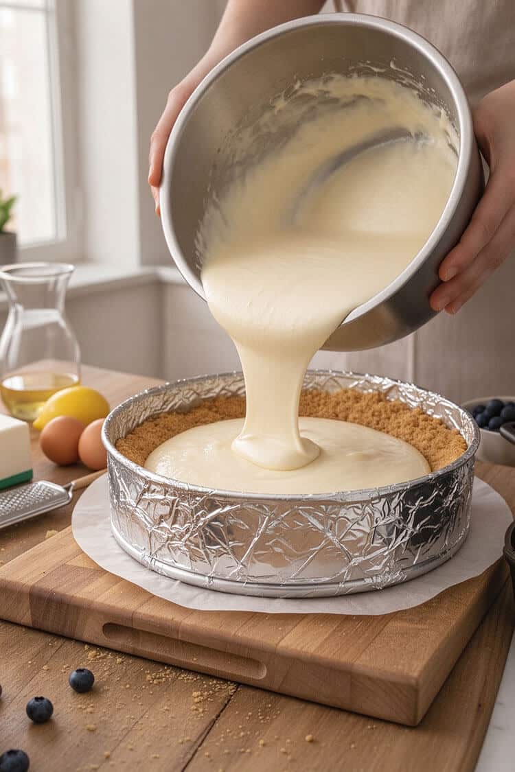 Pouring thick, smooth cheesecake filling from a stainless steel bowl over pre-baked graham cracker crust in a 9-inch springform pan