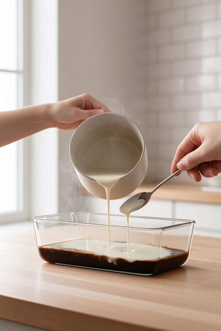 Pouring warm cream mixture over the back of a stainless steel spoon onto a set dark coffee jelly layer