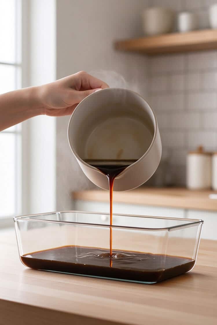 Pouring the first dark coffee agar mixture from a white ceramic pitcher into a clear rectangular glass loaf pan