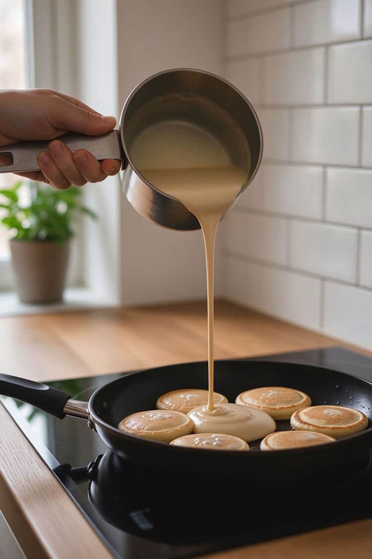 Pouring smooth flourless pancake batter into a heated nonstick skillet on stovetop