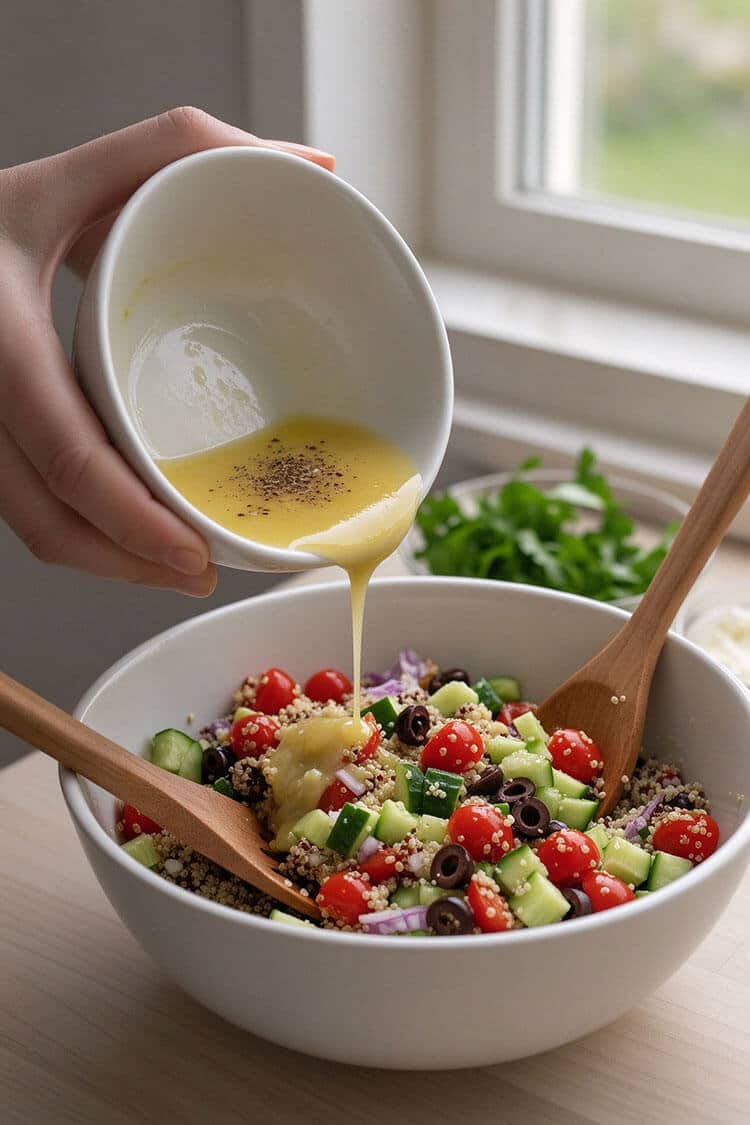 Pouring zesty lemon dressing from a small white bowl over cooked quinoa, diced cucumbers, tomatoes, and olives in a large mixing bowl
