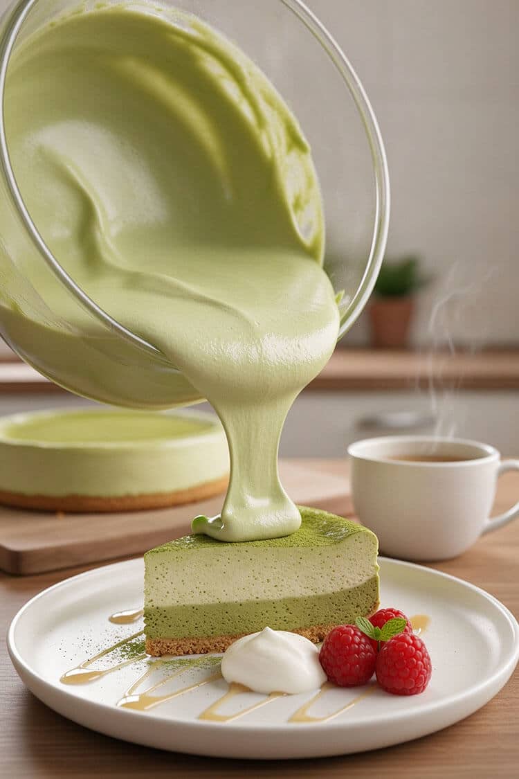 Pouring a slow, velvety ribbon of pale green matcha cream sauce from a glass bowl directly over a chilled slice of layered tofu cheesecake
