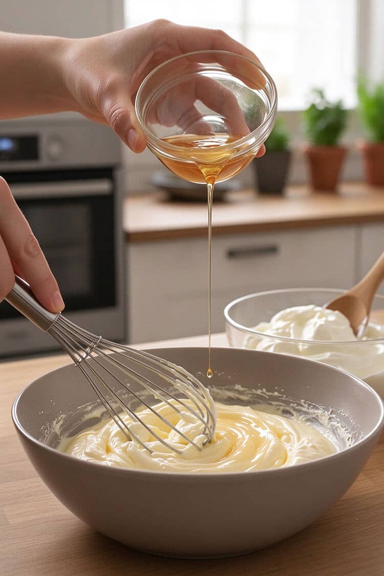 A hand pouring liquid melted gelatin in a thin stream from a glass bowl into a bowl of smooth whipped cream cheese while whisking