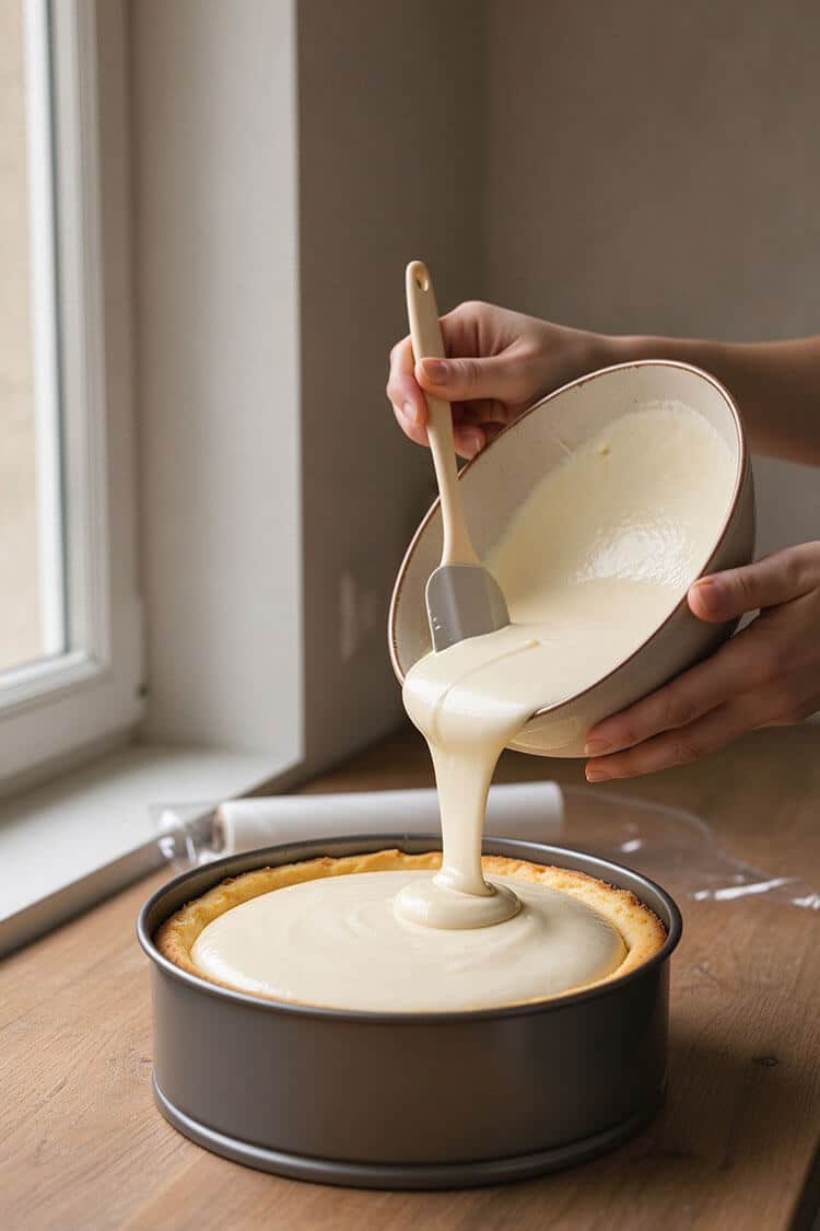 Hands using a silicone spatula to pour pale, velvety rare cream cheese mousse over the golden cooled baked cheesecake in a springform pan