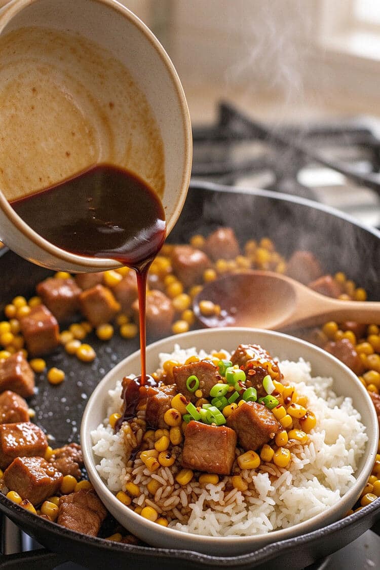 Pouring a rich, dark soy-oyster sauce glaze from a ceramic bowl directly over a bowl of warm rice topped with pork, corn, and sliced scallions