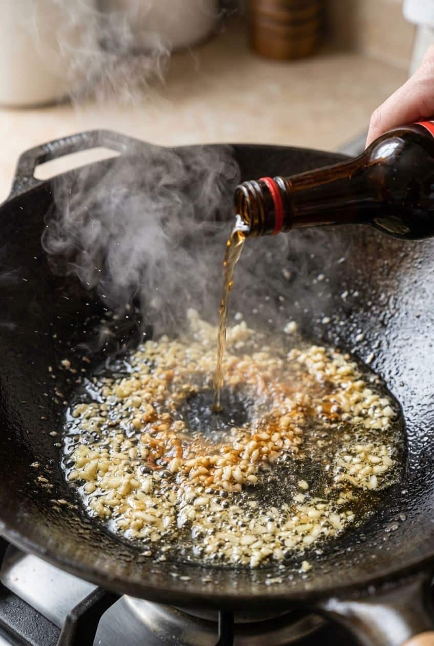 Pouring Shaoxing rice wine from a bottle into sizzling minced garlic inside a hot cast iron wok to deglaze the pan