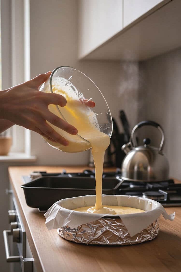 Hands pouring a smooth, airy ribbon of pale yellow soufflé cheesecake batter into a parchment-lined 8-inch round cake pan wrapped tightly in aluminum foil