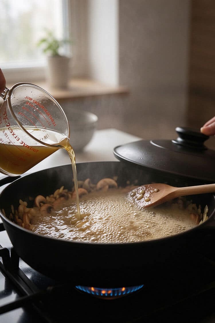 Pouring warm golden vegetable broth from a glass measuring cup into a simmering skillet of toasted rice, mushrooms, and soy sauce on a gas stovetop