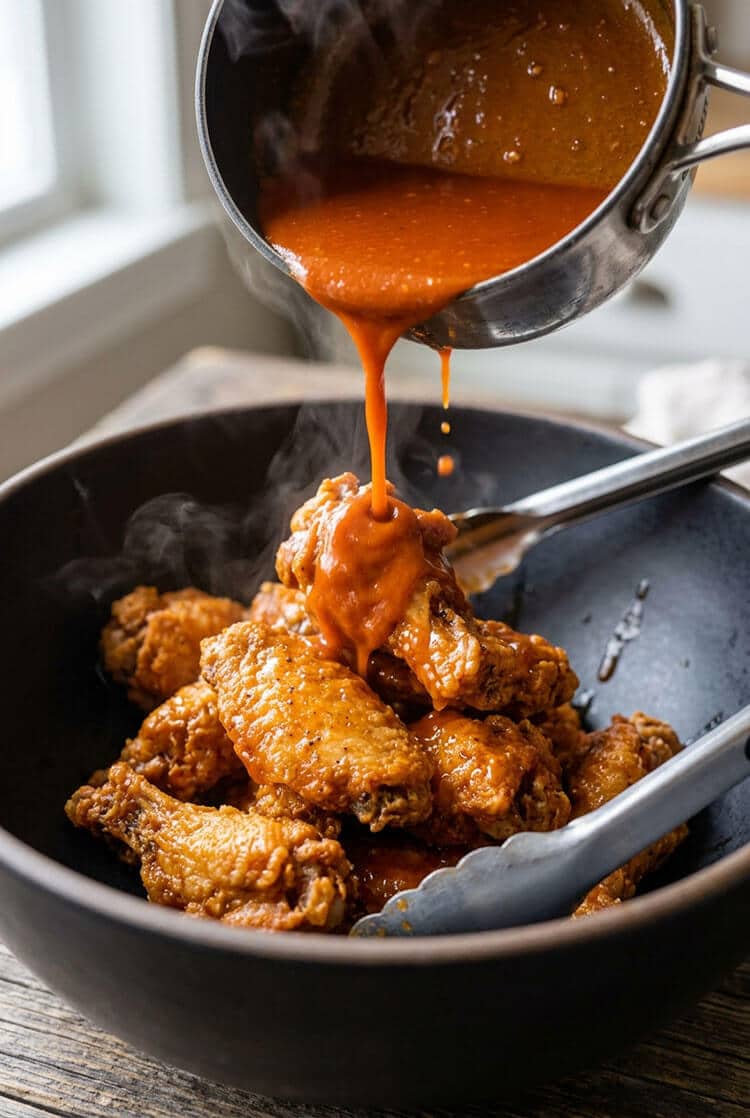 Steaming warm orange-red buffalo sauce pouring from a stainless steel pan over a bowl of piping hot crispy fried chicken wings