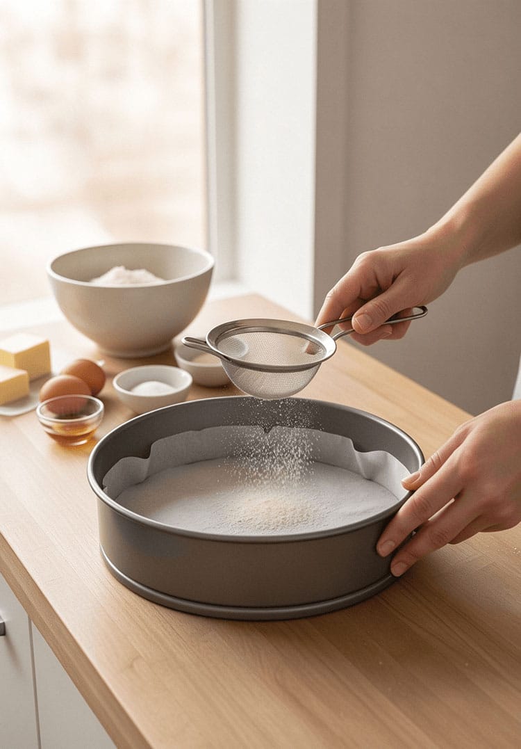 Dusting flour through a small fine mesh strainer into parchment-lined round cake pan