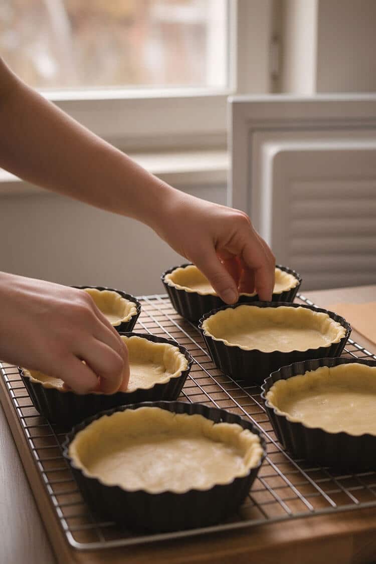 Hands pressing shortcrust dough evenly across the base and up the fluted edges of individual mini tart pans on a cooling rack