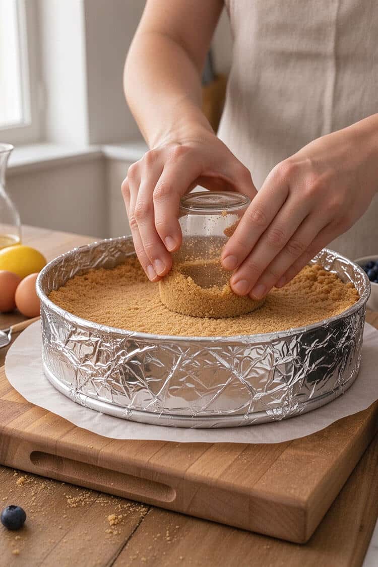 Hands using the flat bottom of a glass cup to press graham cracker crust crumbs firmly into a foil-wrapped 9-inch springform pan