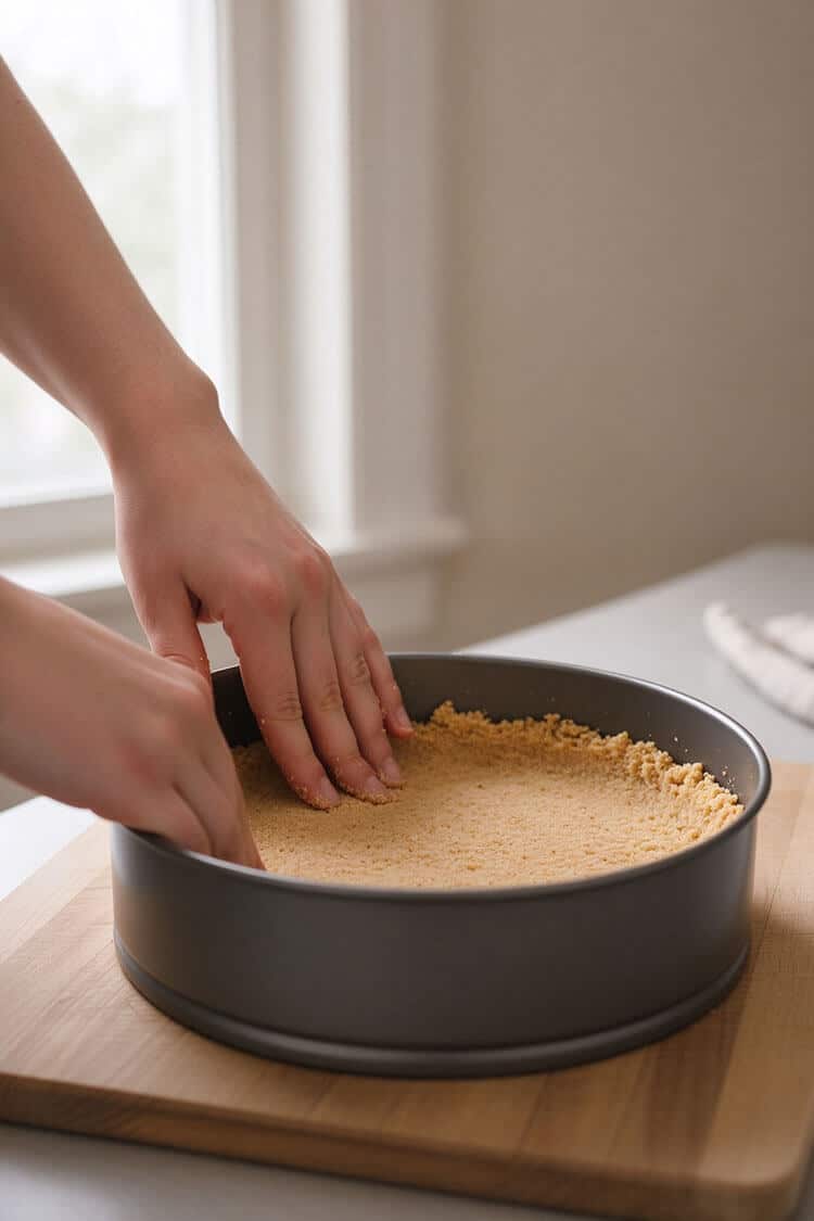 Hands pressing buttery graham cracker crumbs firmly into the bottom and edges of an 8-inch springform pan on a wooden cutting board