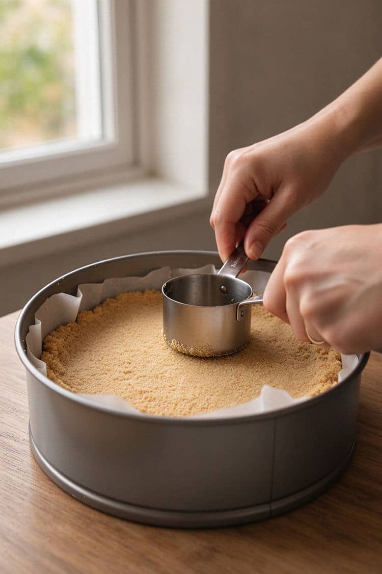 Hands using a flat metal measuring cup to firmly press buttery graham cracker crumbs into a parchment-lined springform pan by a window