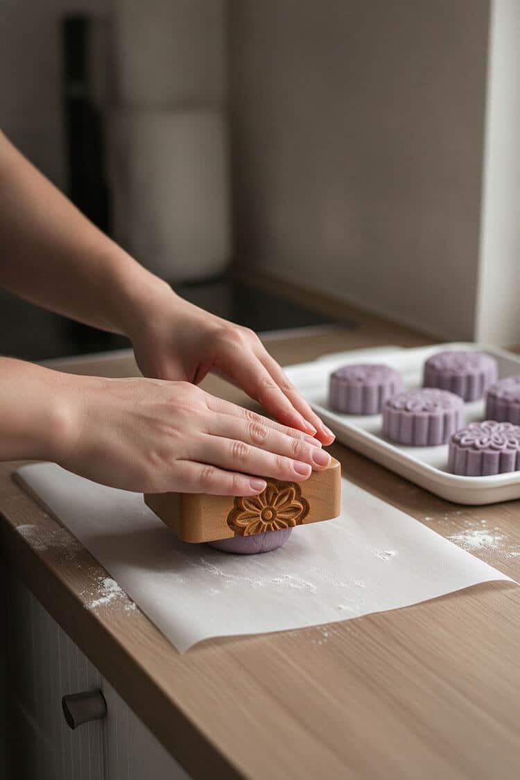 Hands pressing a wooden floral mooncake mold firmly onto a parchment-lined counter next to freshly shaped purple mooncakes on a white tray