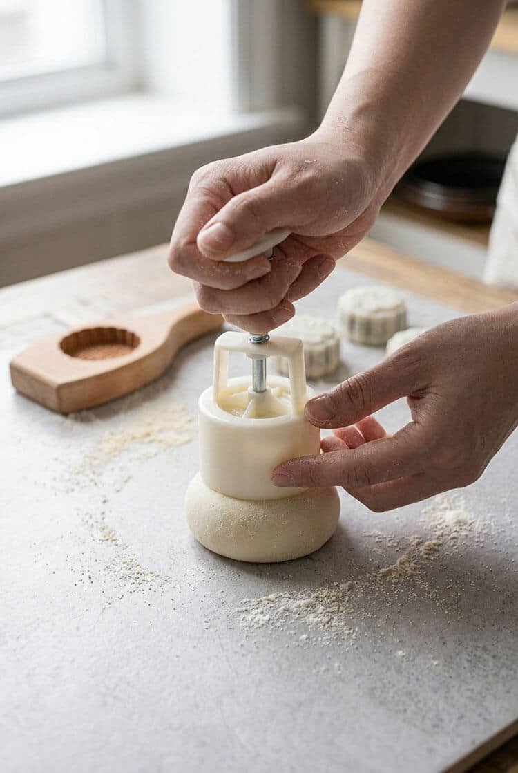 Hands pressing down on a white plastic floral mooncake mold plunger against a wrapped snow skin ball on a work table