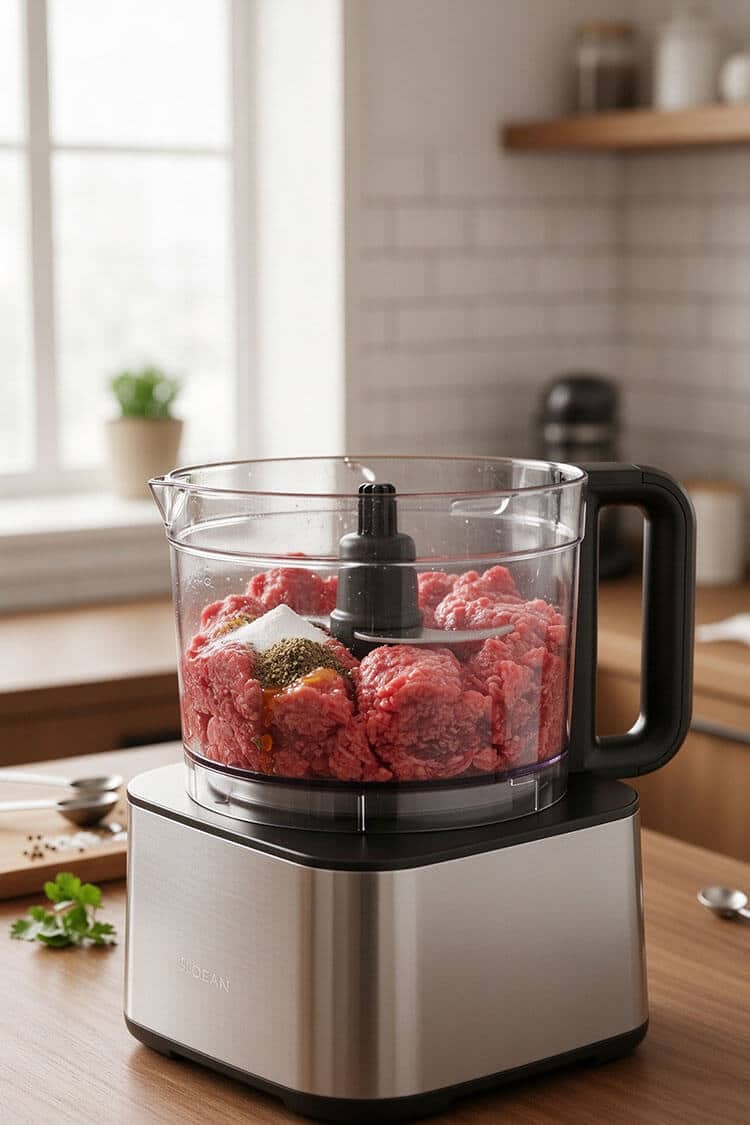 Coarsely chopped raw beef chunks, white pepper, salt, and baking soda in a food processor bowl ready to blend