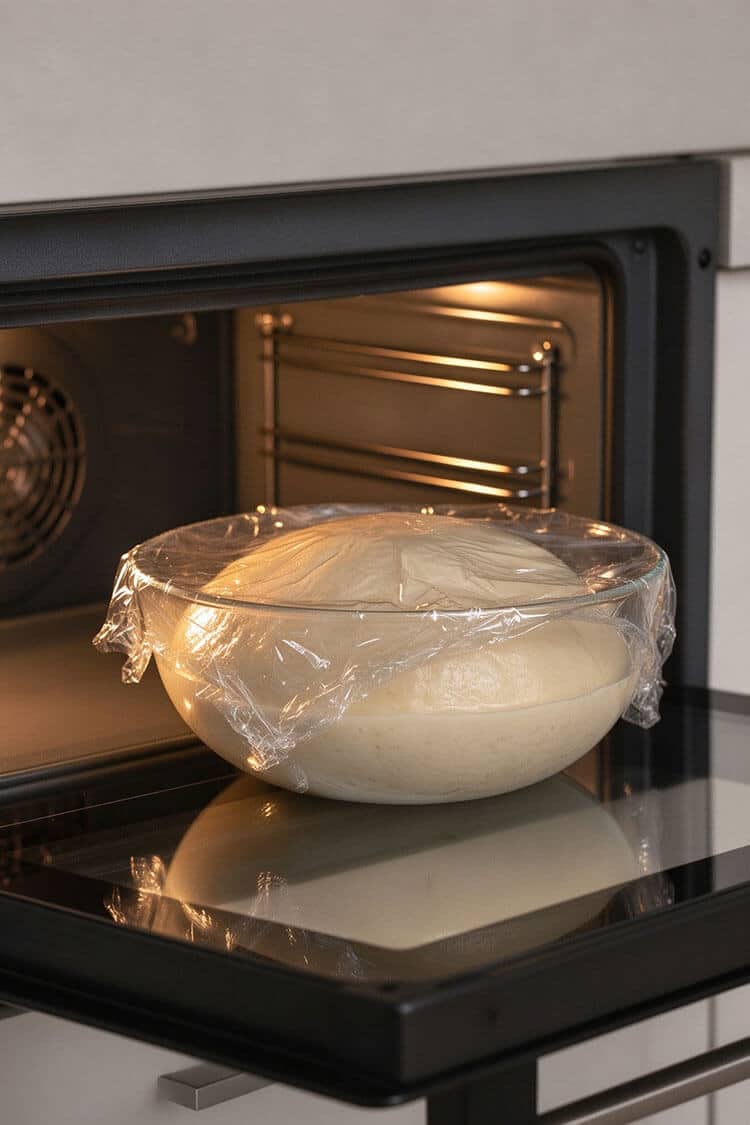 Bread dough doubled in size under plastic wrap inside a clear glass bowl in a warm oven with light on
